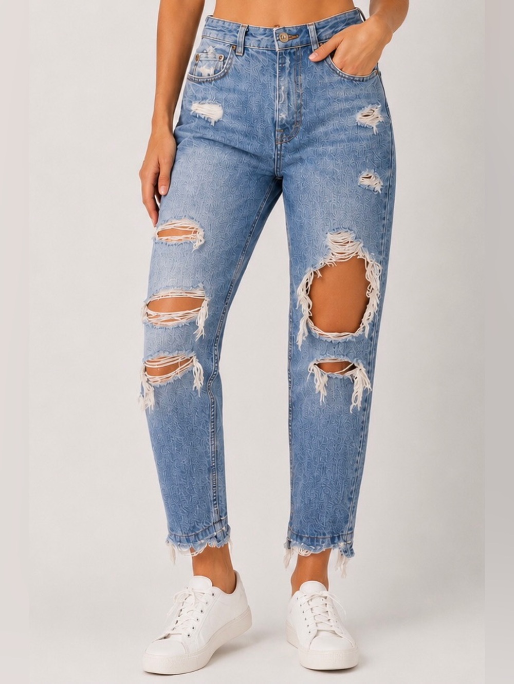 Bershka Mom High Waisted Jeans, Heavily Distressed, Destroyed, Denim, Size 2